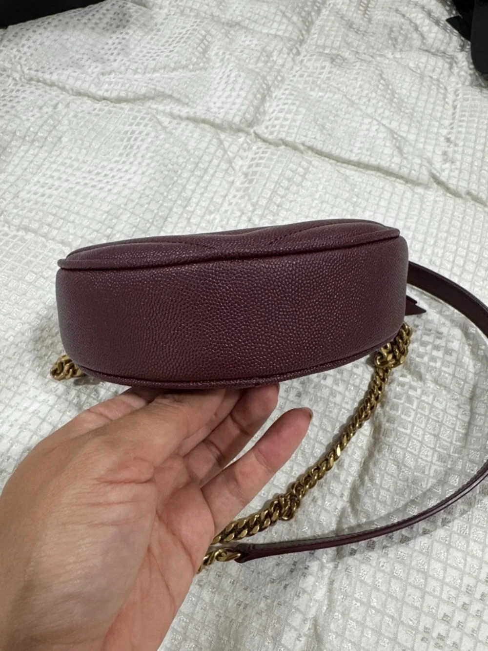 Saint Laurent Wine Quilted Round Crossbody with Gold YSL Chain - Picture 7 of 13